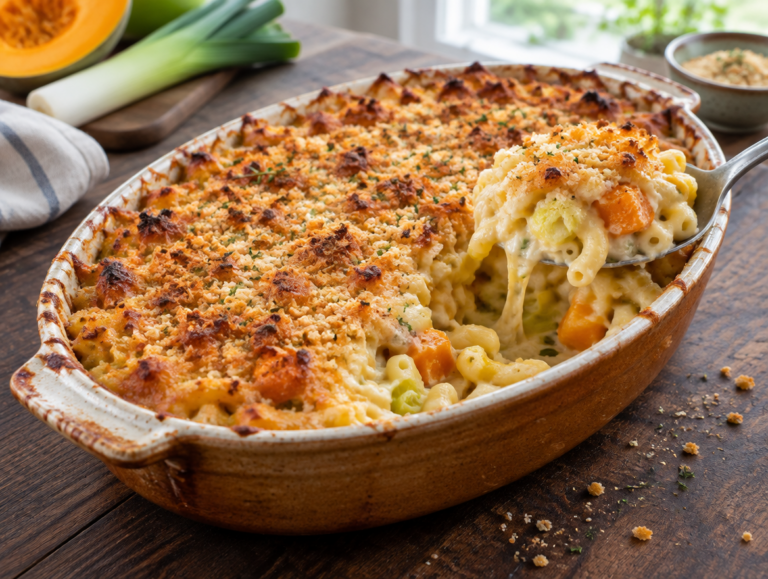 Macaroni-ovenschotel met pompoen en prei