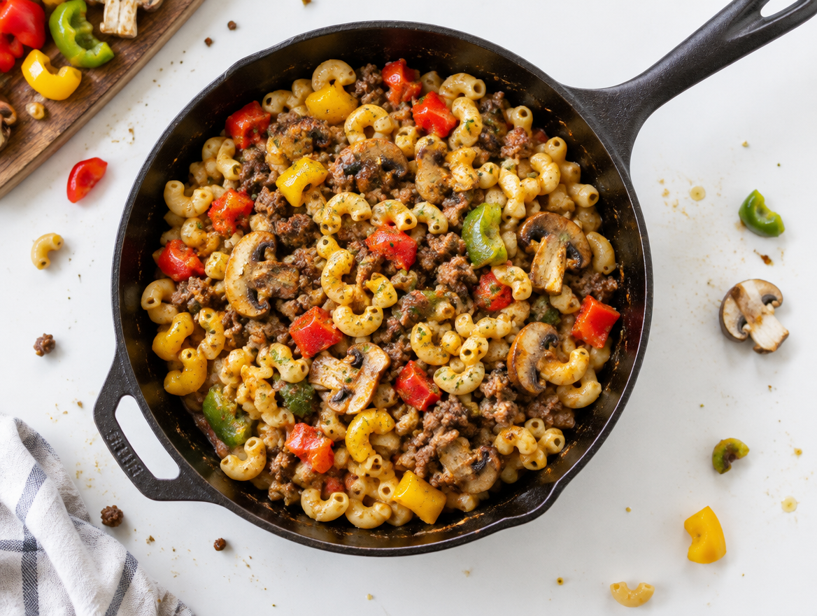 Macaroni met paprika's en champignons
