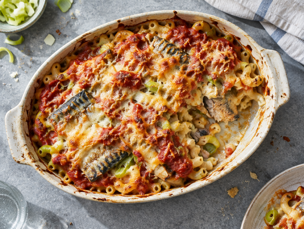 Macaroni per tutti: ovenschotel met makreel, prei en kaas