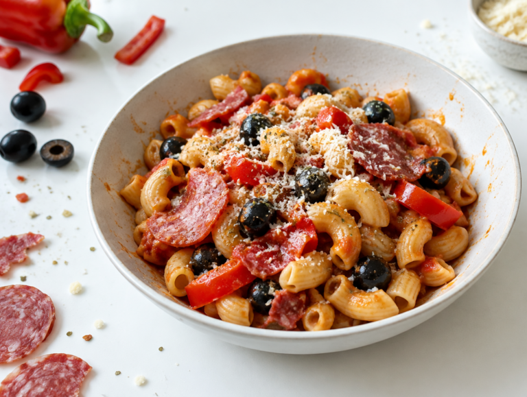 Macaroni met salami, paprika en olijven