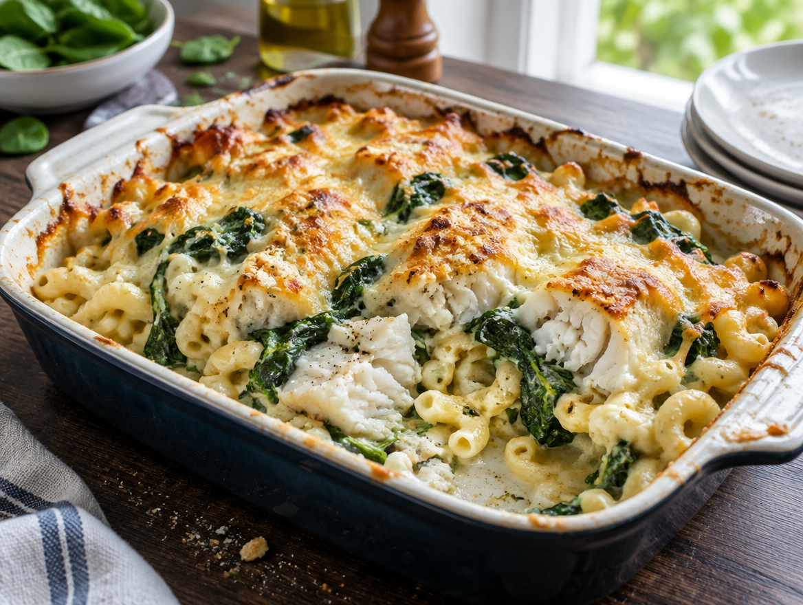 Ovenschotel met macaroni, spinazie en kabeljauw onder een gouden kaaslaag