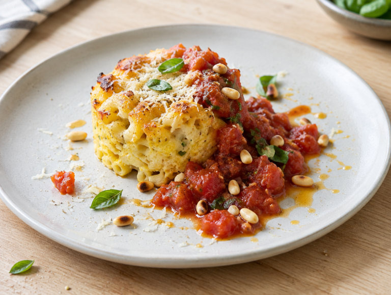 Macaroni-timbaaltje met tomaten-basilicumsaus