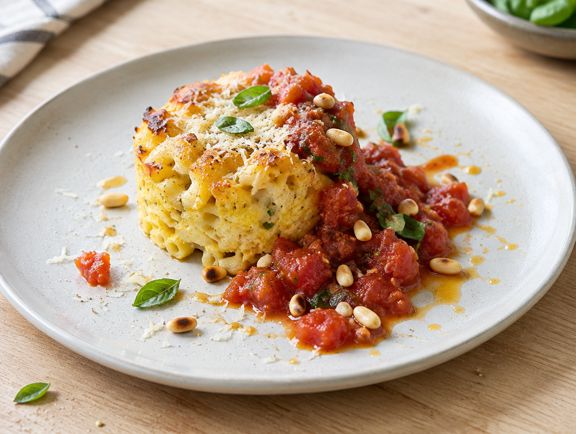 Macaroni-timbaaltje met tomaten-basilicumsaus
