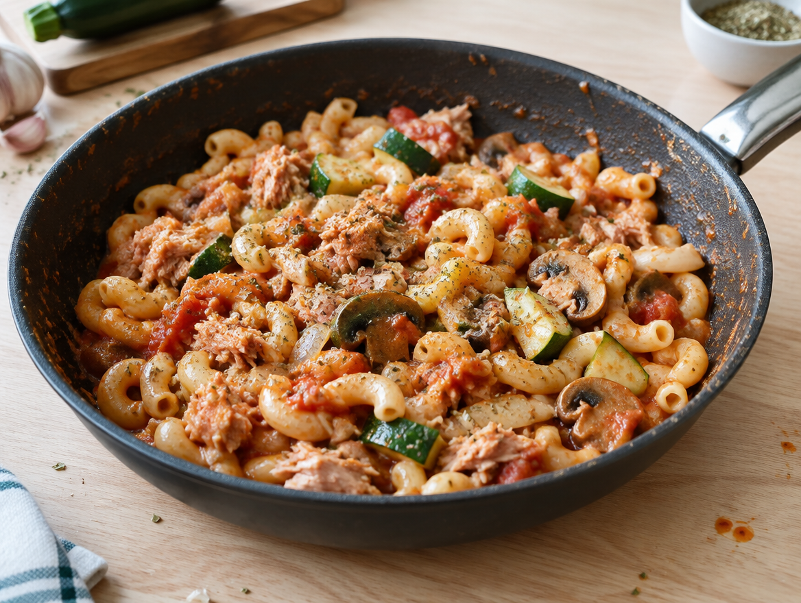 Macaroni met tonijn in tomatensaus met champignons en courgette