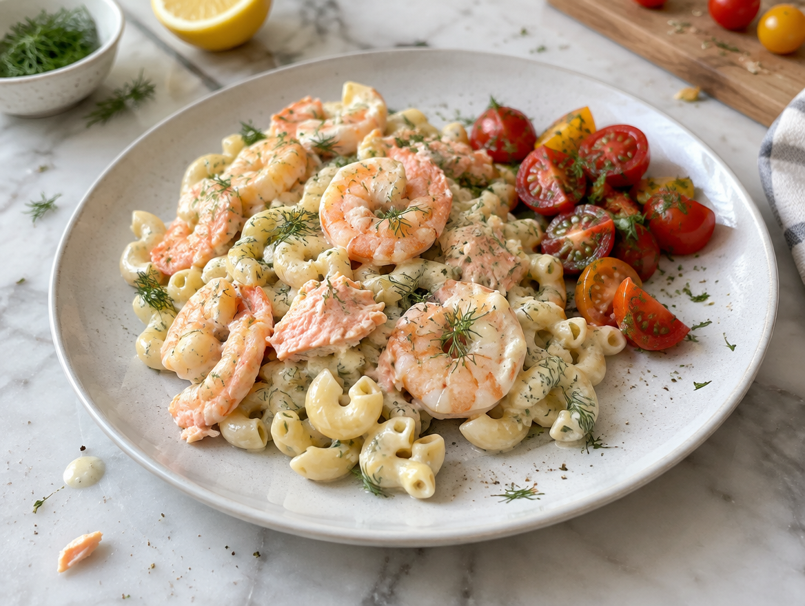 Macaroni met zalmsnippers, garnalen en dille