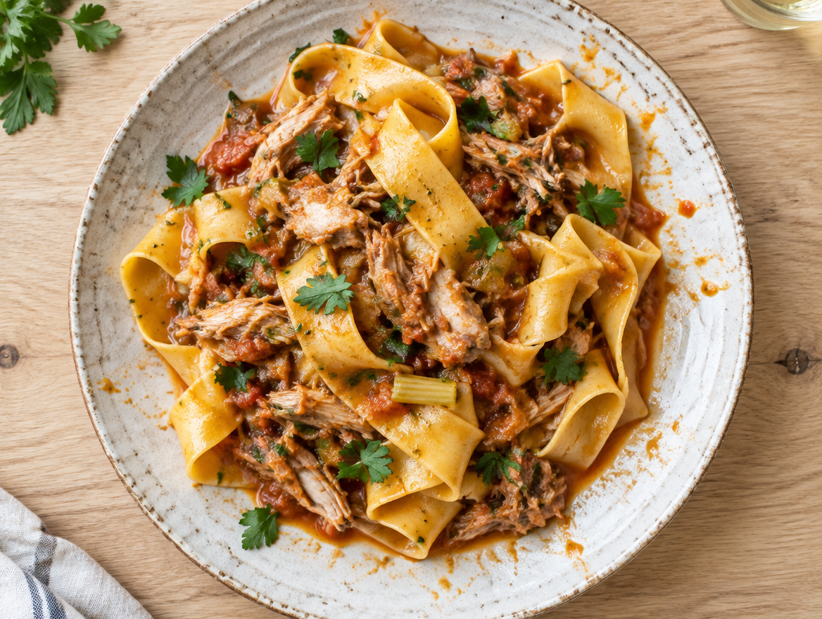 Pappardelle met konijn in een tomatensaus, bestrooid met peterselie