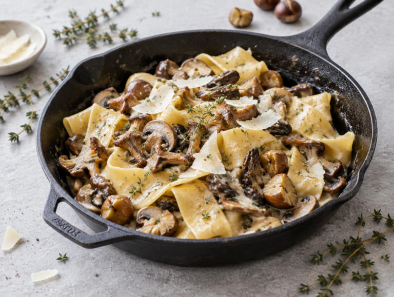 Pappardelle met wilde paddenstoelen, kastanjes en tijm