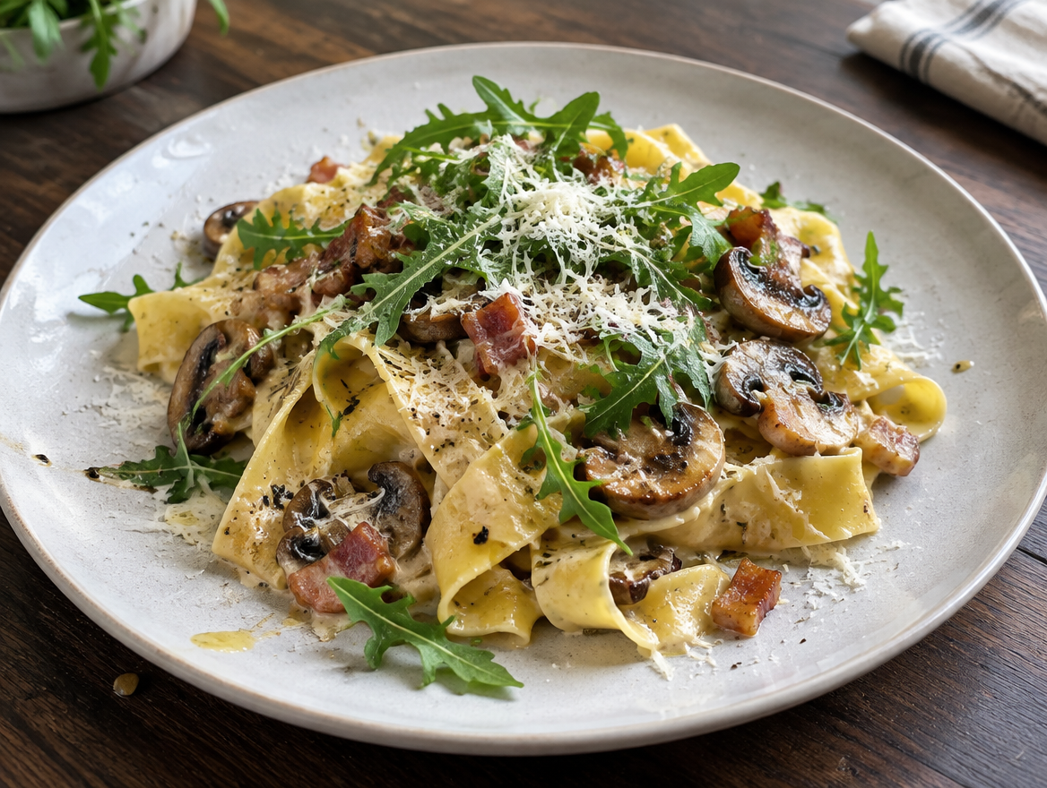 Pappardelle met truffelolie en pancetta