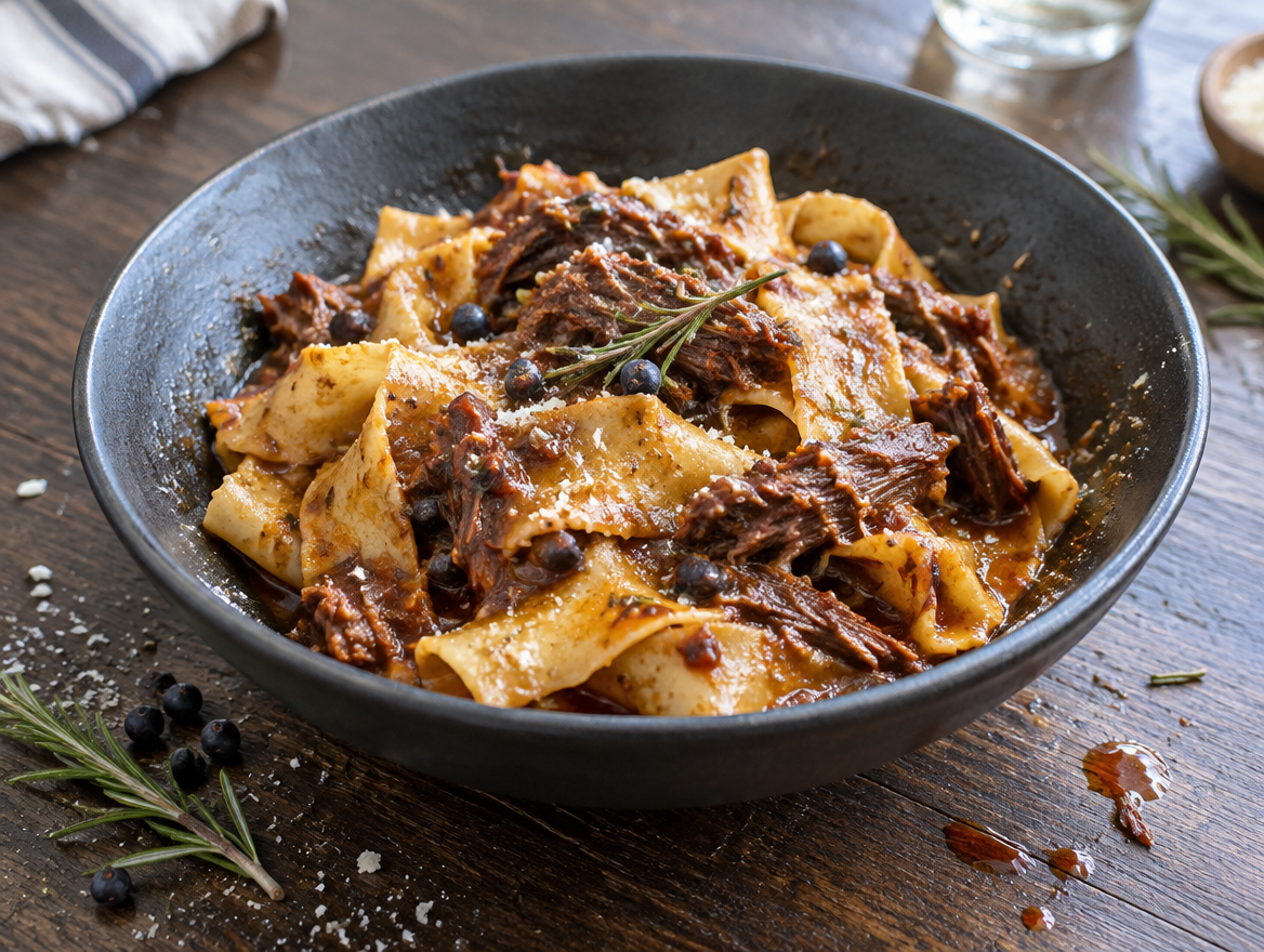 Pappardelle met wildzwijnragù op een bord met pecorino