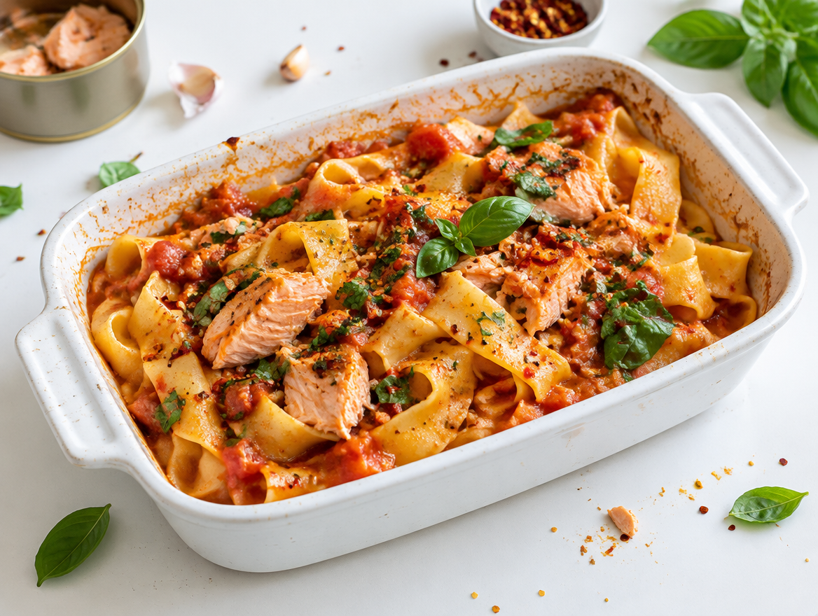 Pappardelle met zalm in een pittige tomatensaus met basilicum