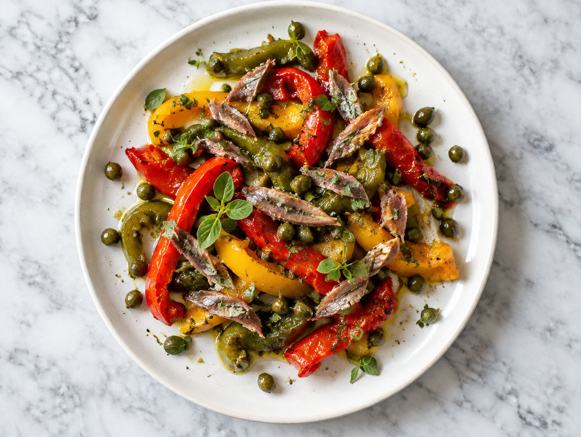 Paprika’s met ansjovis en kappertjes in reepjes met olijfolie
