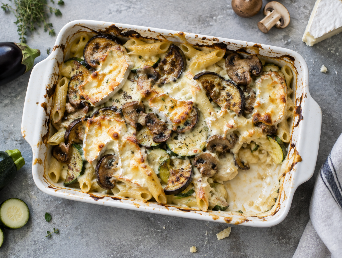 Pasta à la Zara's, ovenschotel met aubergine, courgette en champignons
