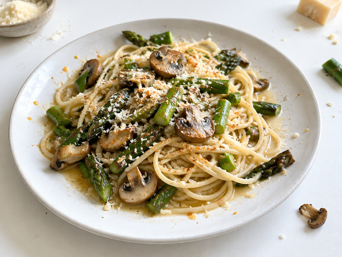Pasta met asperges en champignons met Parmezaanse kaas