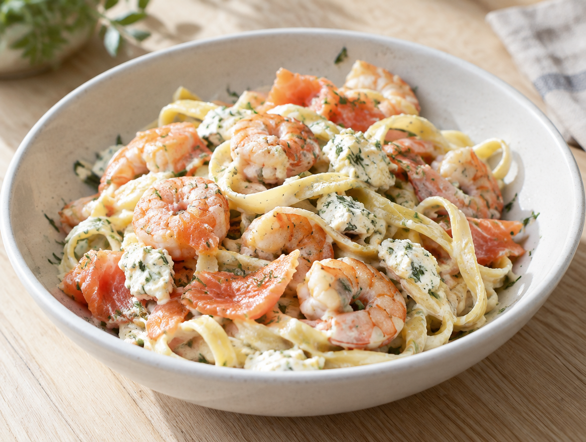 Pasta met Boursin en gerookte zalm en garnalen