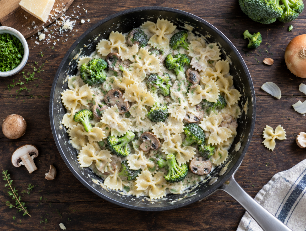 Pasta met broccoli en champignons in een romige saus