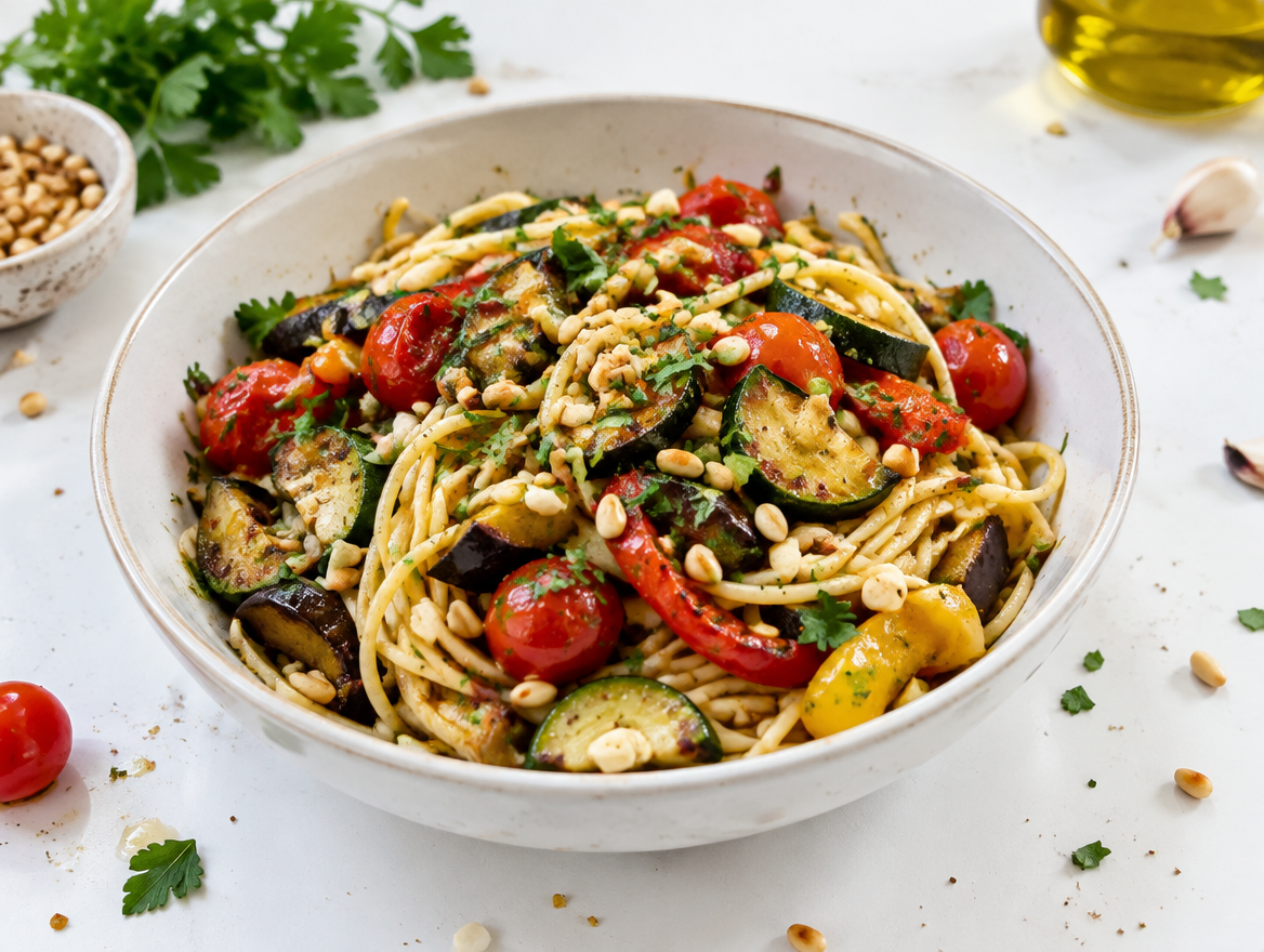 Pasta di Speziale met spaghetti, roerbakgroenten en pijnboompitjes