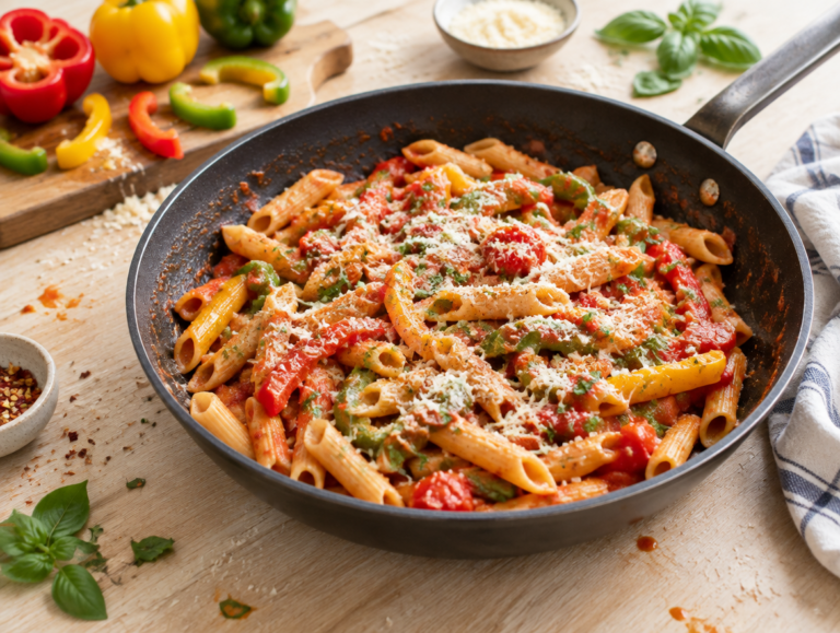 Pasta met 3 kleuren paprika