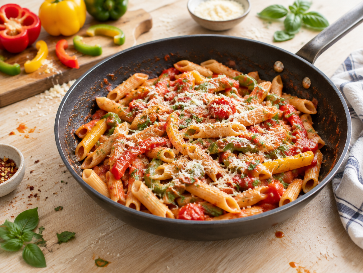 Pasta met 3 kleuren paprika in tomatensaus