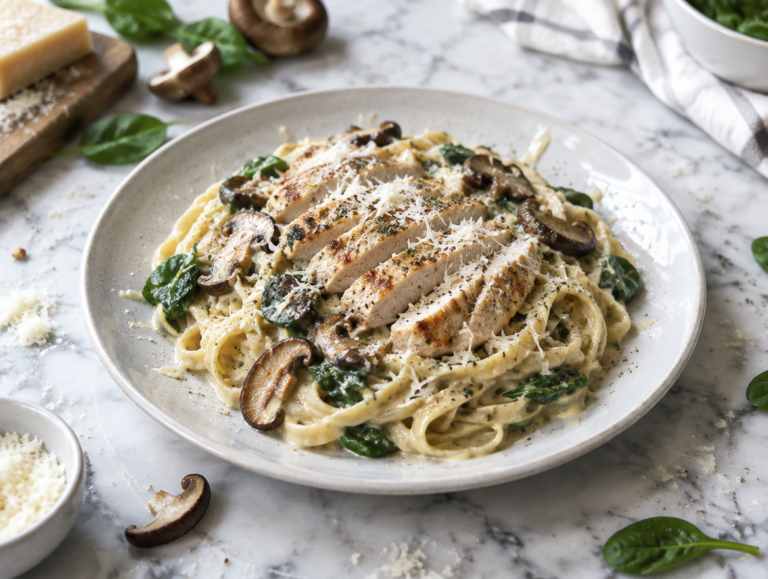 Pasta met gegrilde kip en knoflookroom