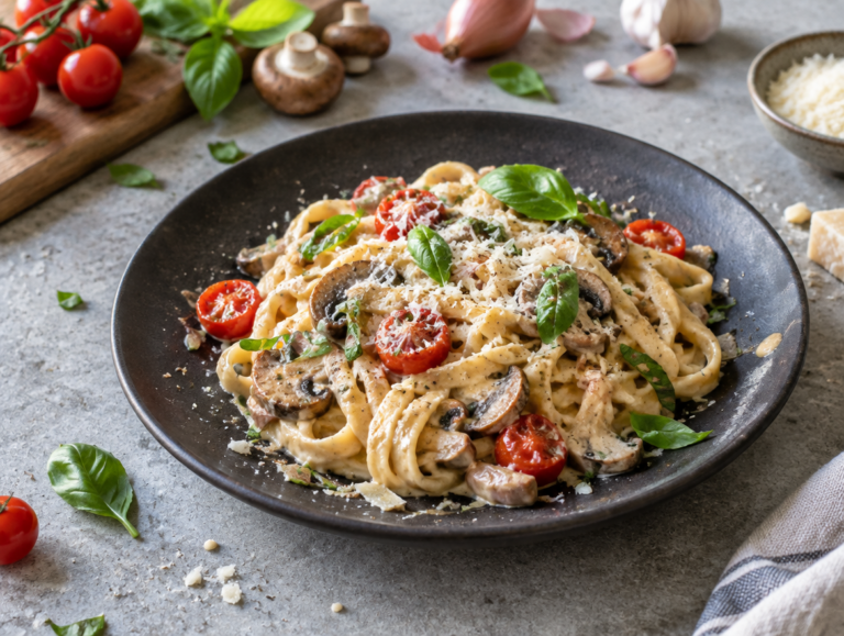 Pasta Gio met tomaat en champignons