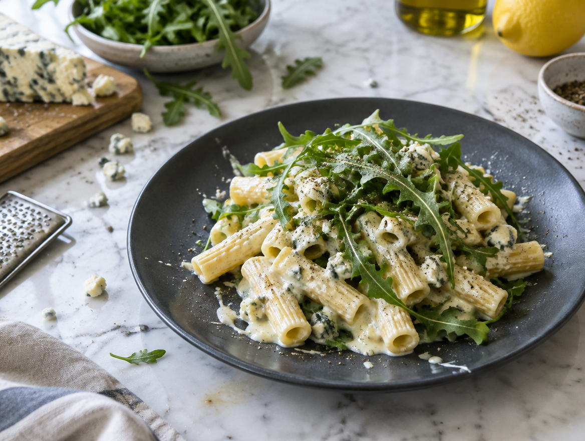 Pasta met gorgonzolasaus en gehakte rucola