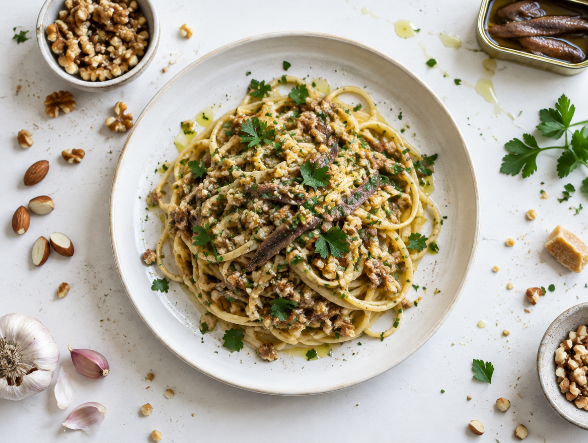Knoflook pasta met walnoten, amandelen en ansjovis