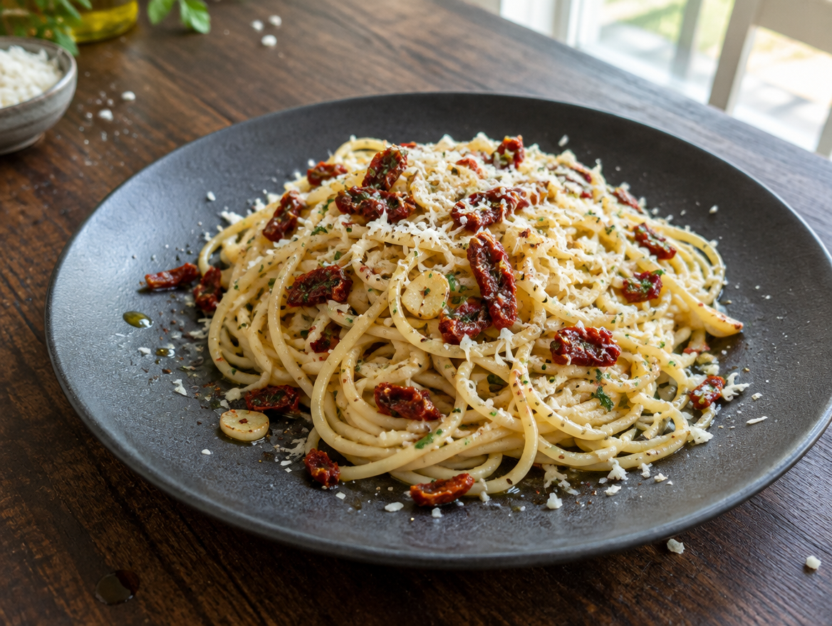 Pasta met olie, knoflook en zongedroogde tomaten en Parmezaanse kaas