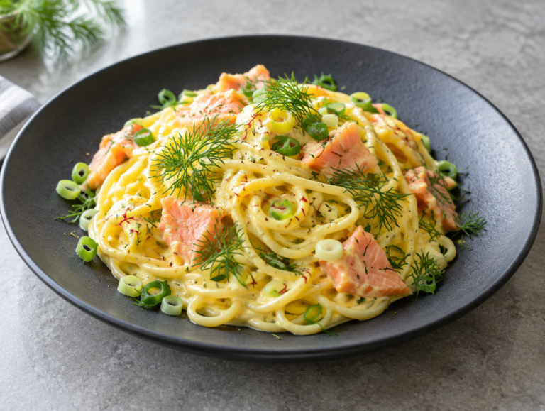 Pasta met een romige saffraan, gerookte zalmsaus