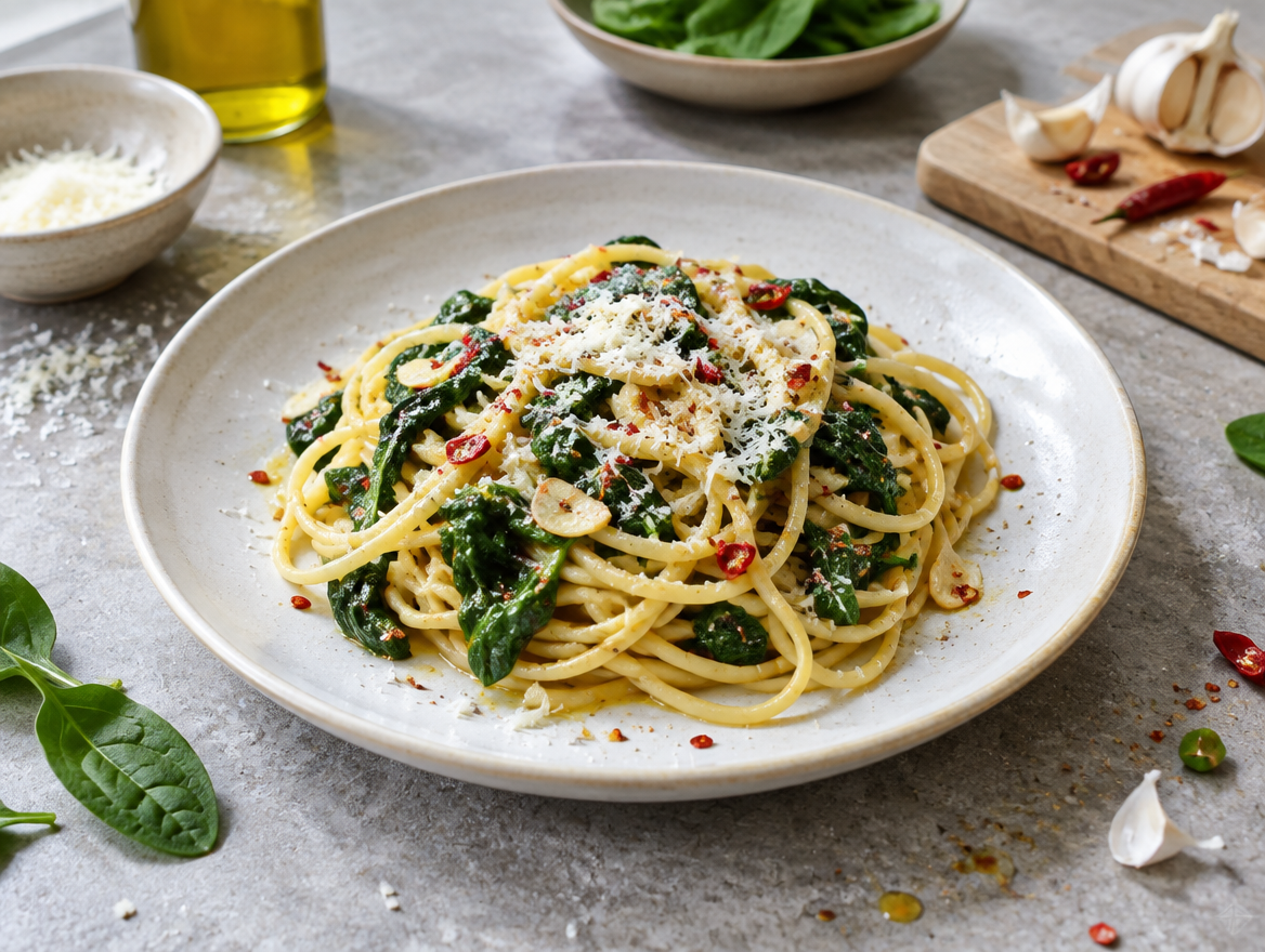 Pasta met spinaziesaus, knoflook en pecorino