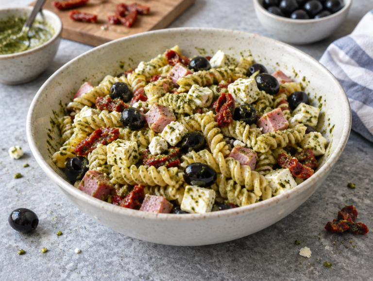 Pasta salade met ham en pesto