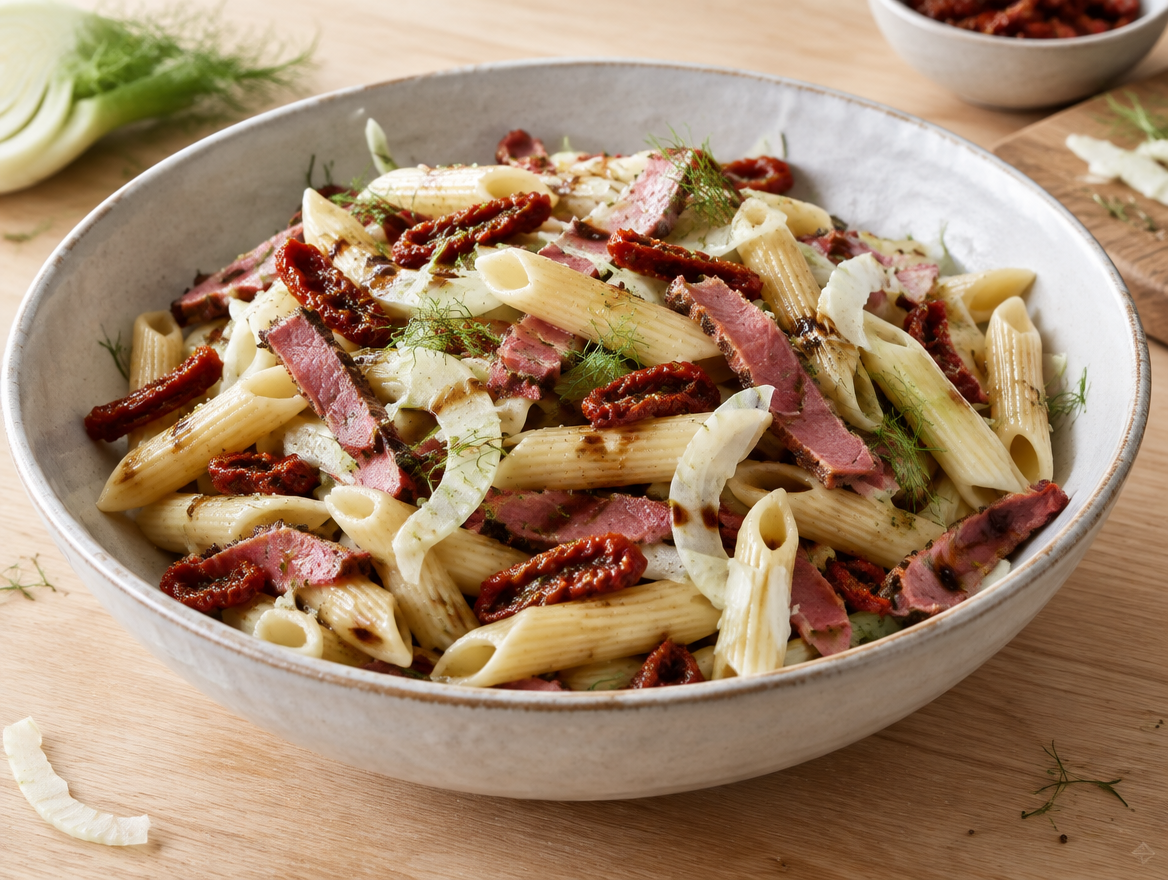 Pastasalade met pastrami