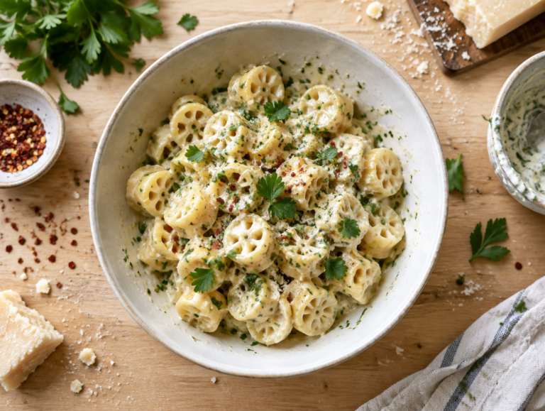 Pastawieltjes met rode pepers en kaas
