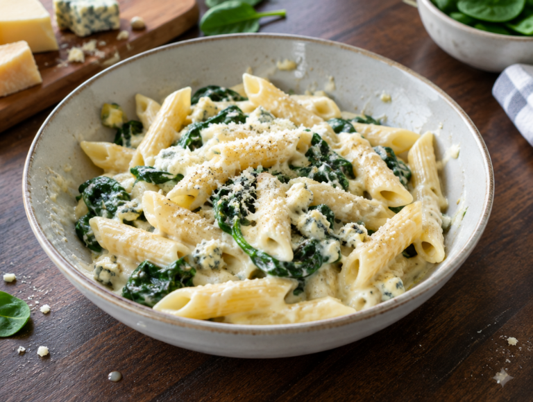 Penne 4kazensaus en spinazie