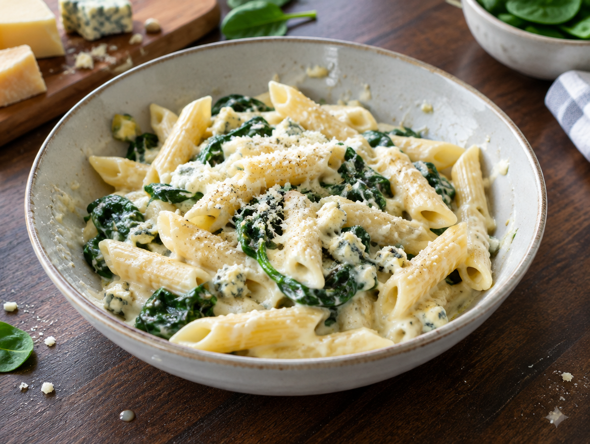 Penne 4kazensaus en spinazie