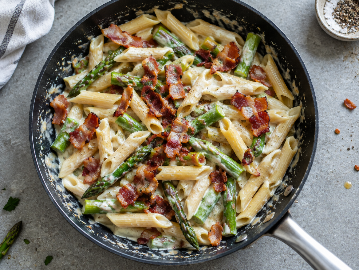 Penne asperges met spek