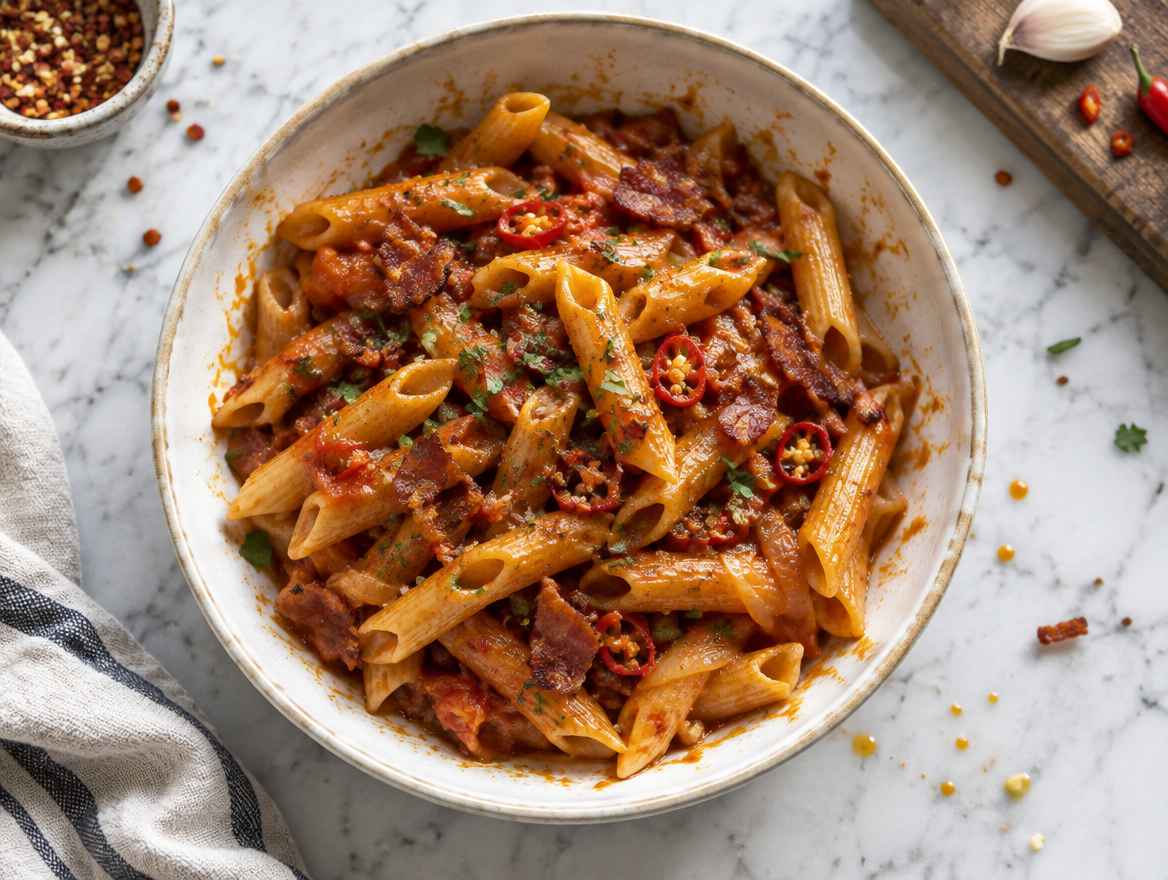 Penne met hete rode saus