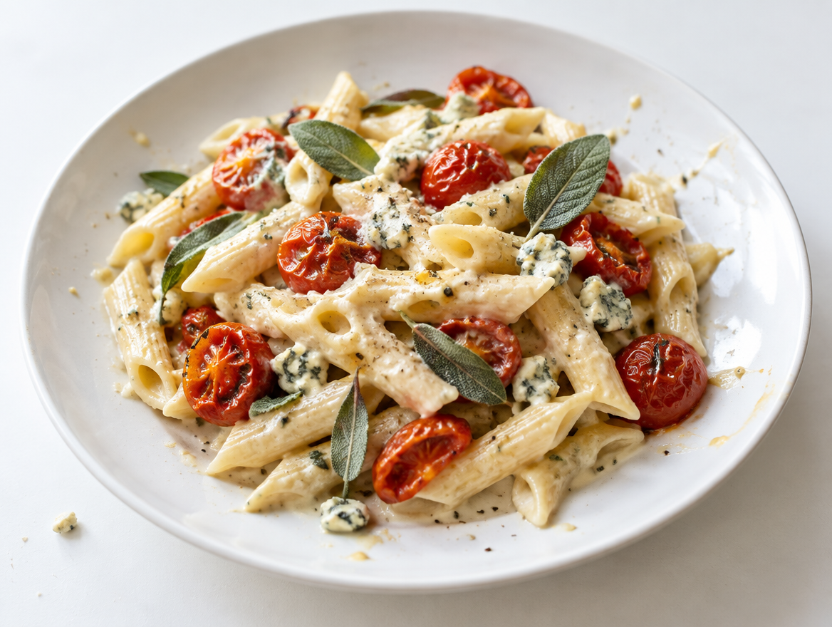 Penne in gorgonzolasaus met gebakken cherrytomaatjes en salie