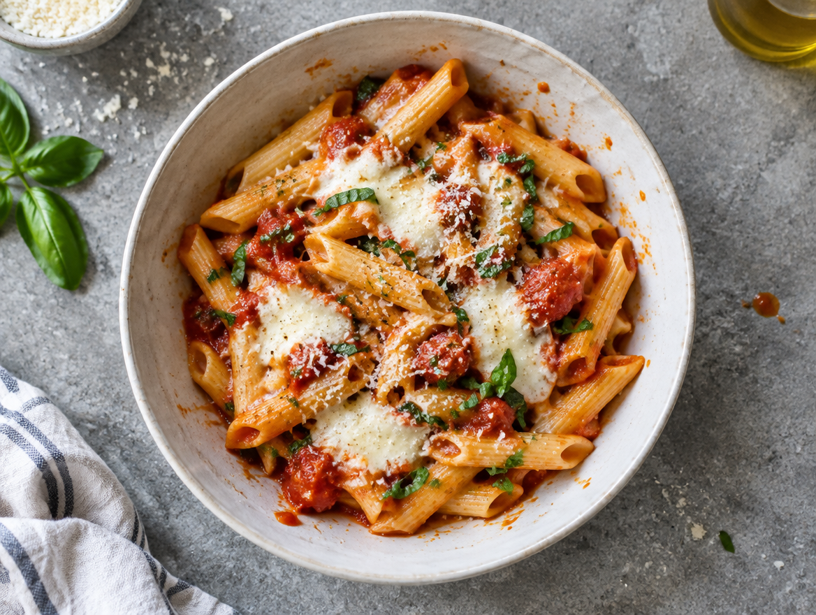 Penne met mozzarella, tomatensaus en basilicum
