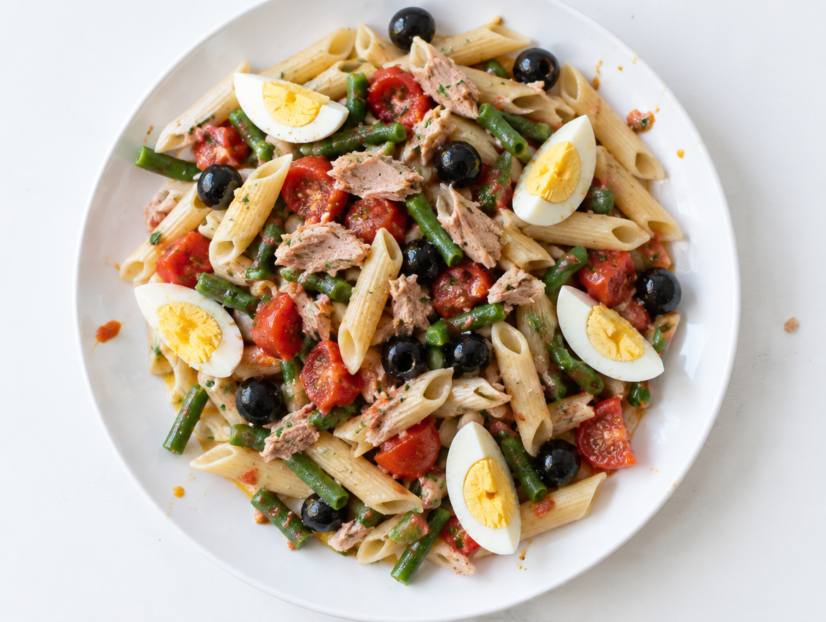 Penne niçoise met tonijn, tomaat, sperziebonen, zwarte olijven en partjes ei