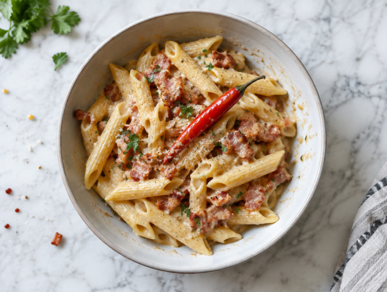 Penne met pittige spekjessaus