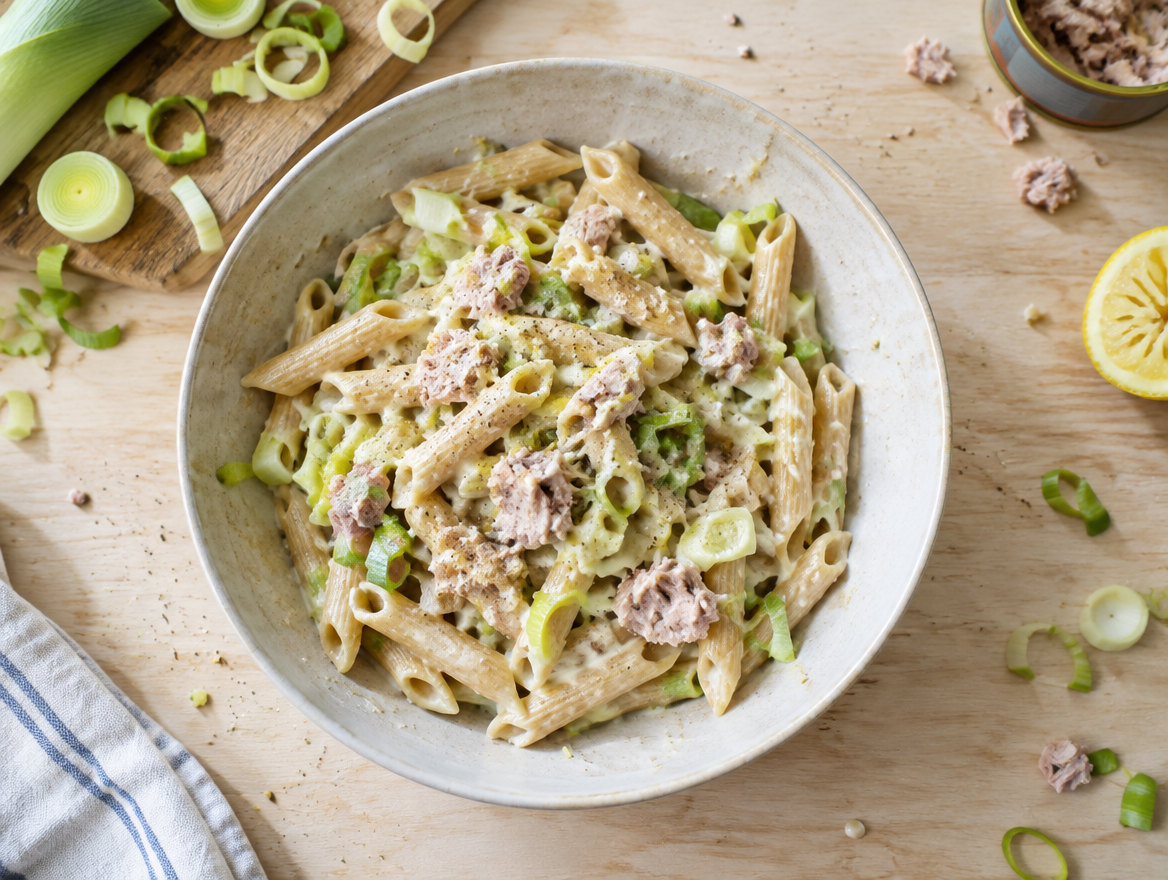 Penne met prei, tonijn en een romige saus van crème fraîche