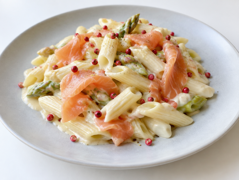 Penne rigate met asperges en zalm
