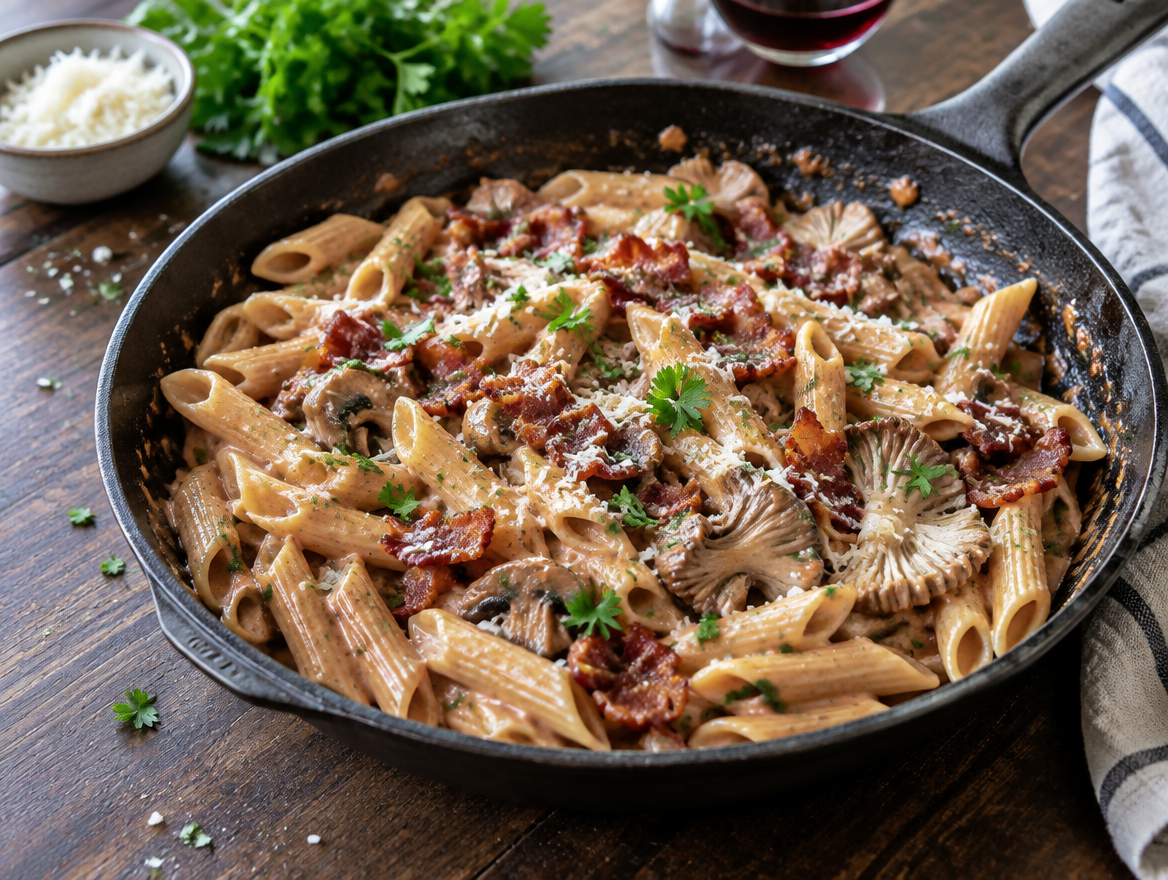 Penne rigate met paddenstoelen en spek in rodewijnsaus
