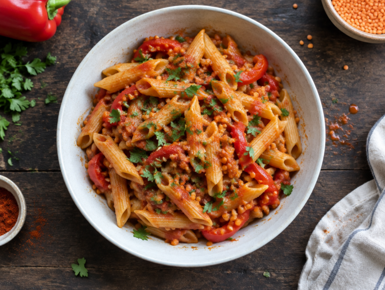 Penne met rode linzen en paprika