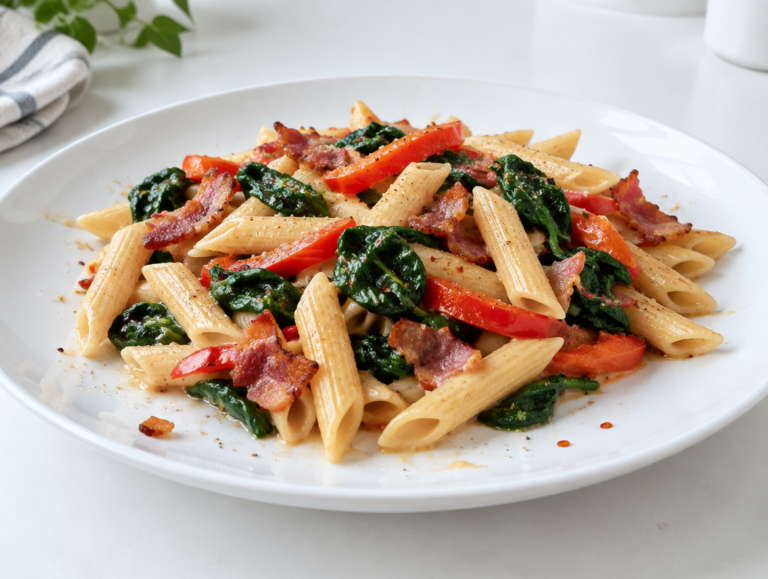 Penne met spinazie en spek