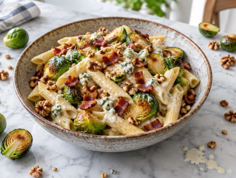 Penne met spruitjes, spek en gorgonzola