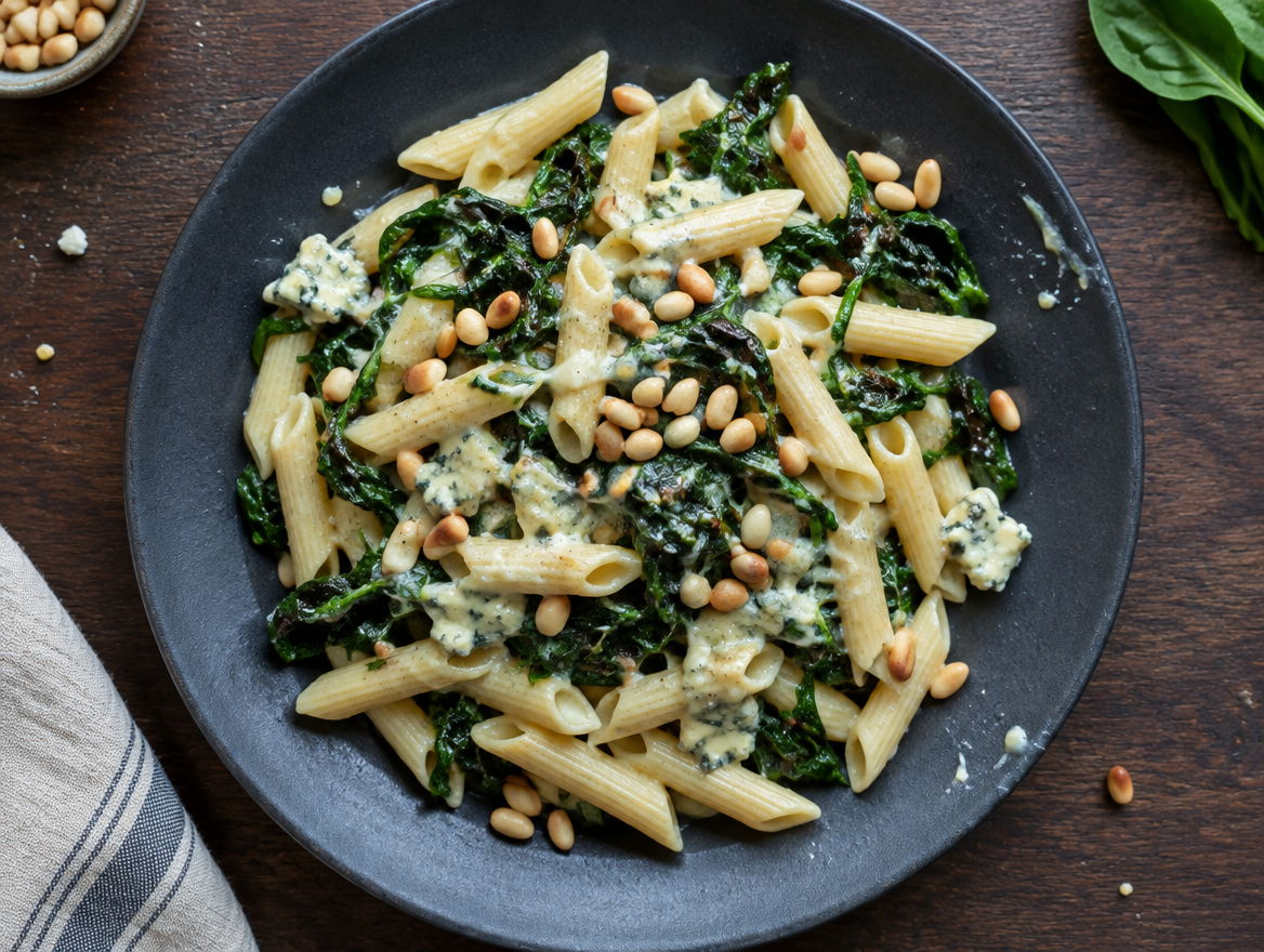 Penne met wilde spinazie, gorgonzola en pijnboompitten