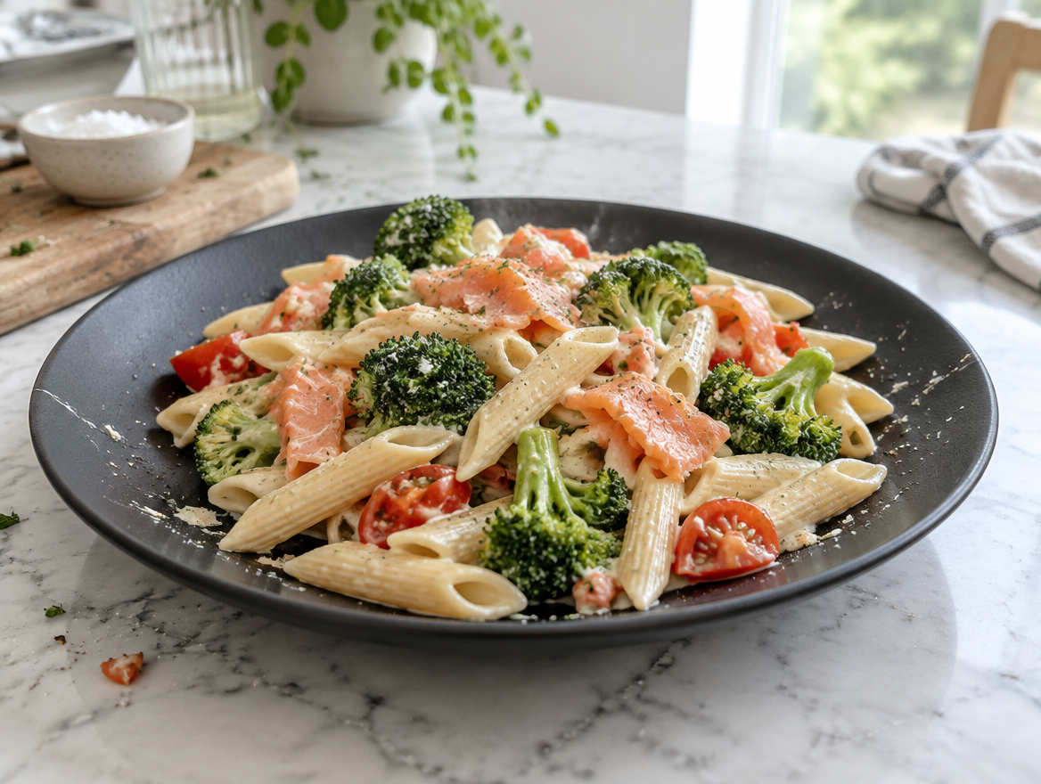 Penne met zalm, broccoli en tomaat in een romige saus