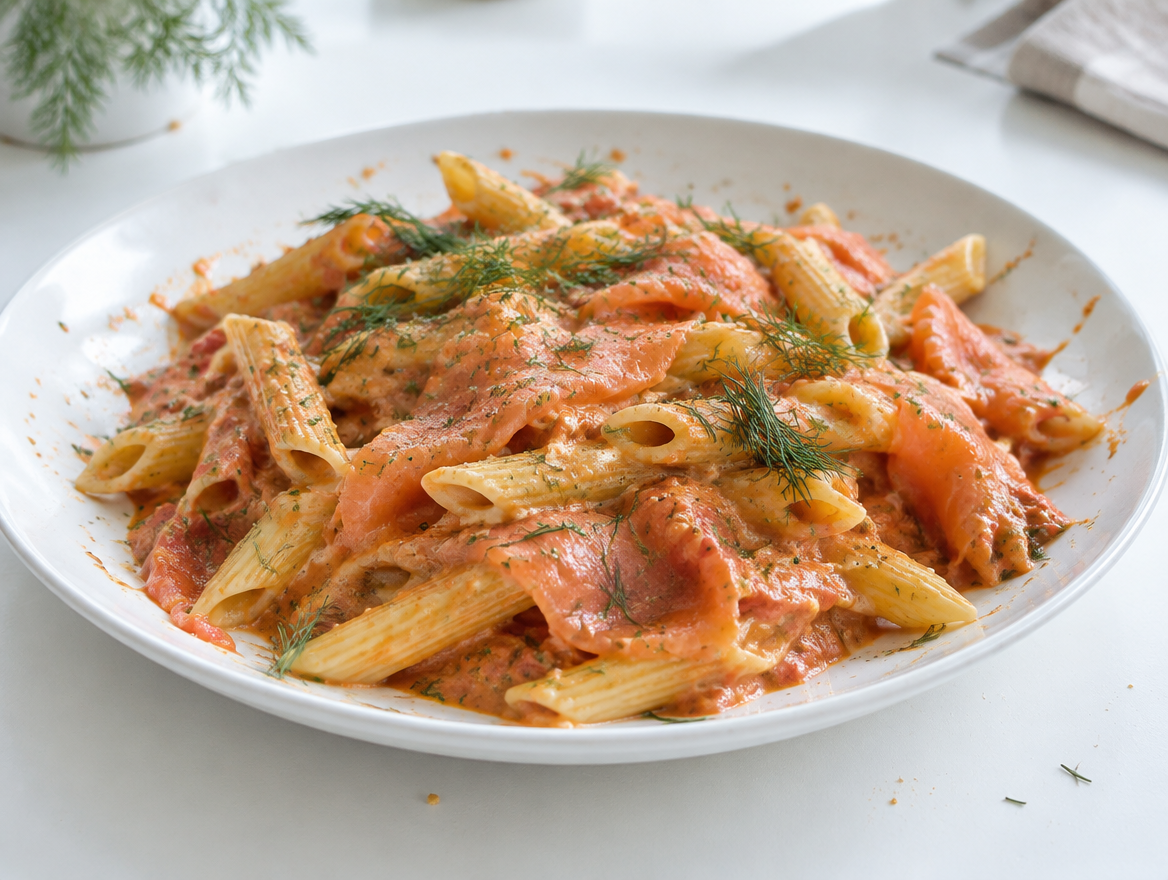 Penne met zalm en mascarpone in een tomatensaus met dille