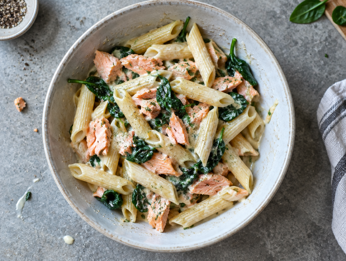 Penne met zalm en spinazie in een romige saus